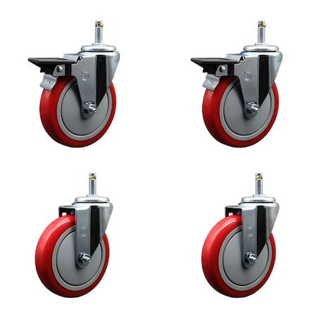 Service Caster 5'' Red Poly Wheel Swivel 7/16'' Grip Ring Stem Caster Set 2 Brakes, 4PK SCC-GR20S514-PPUB-RED-PLB-716138-2S2